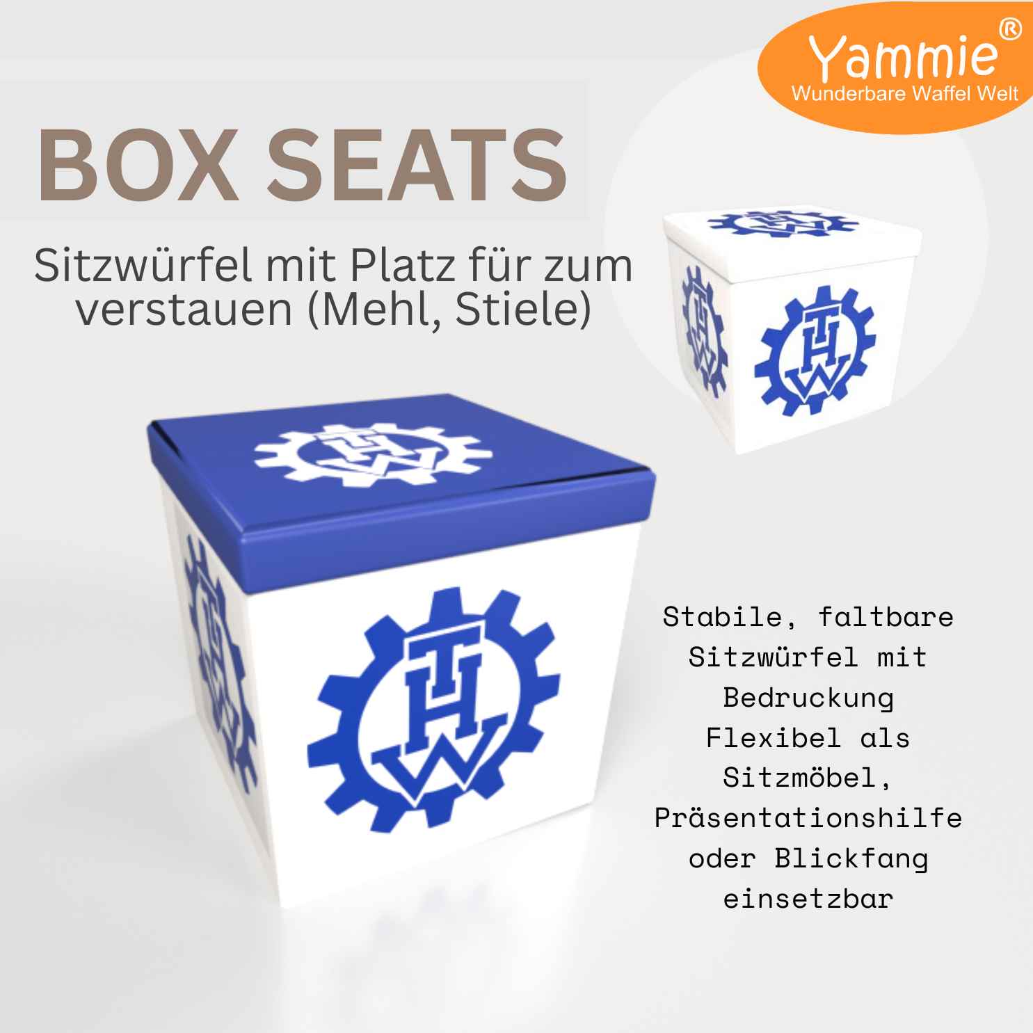 sitzwürfel mit aufbewahrung Box Seat – Sitzwürfel mit Stauraum & Logo – Yammie Wunderbare Waffelwelt